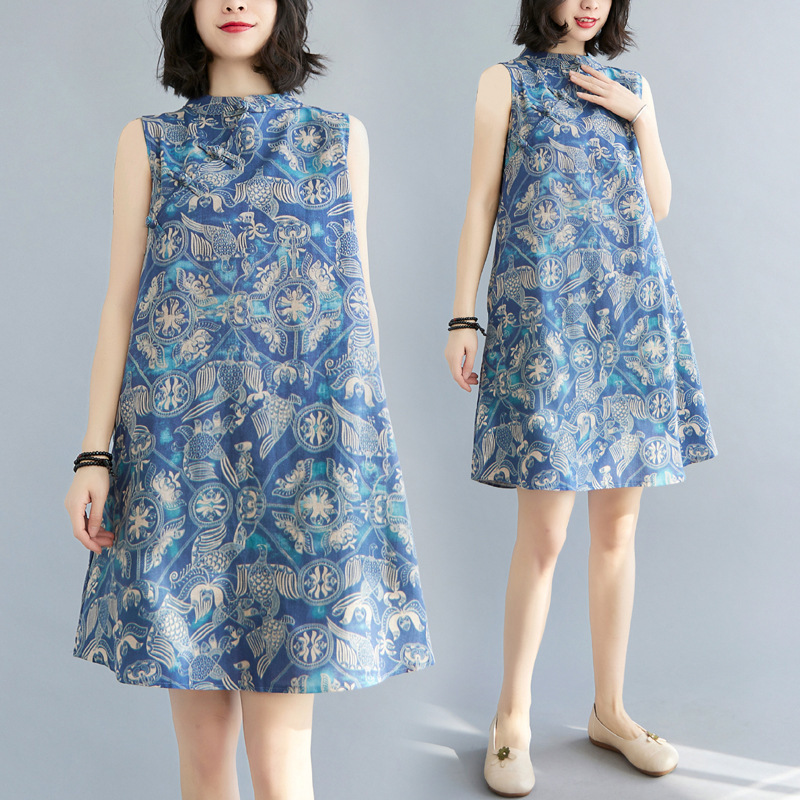Chinese Vintage Modified Coat Button Cheongsam Dress Loose Slim Cotton Linen Sleeveless Printed dress