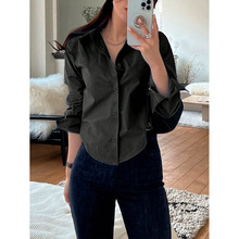 单排扣收腰修身显瘦长袖衬衫女跨境外贸热销纯欲辣妹性感翻领上衣