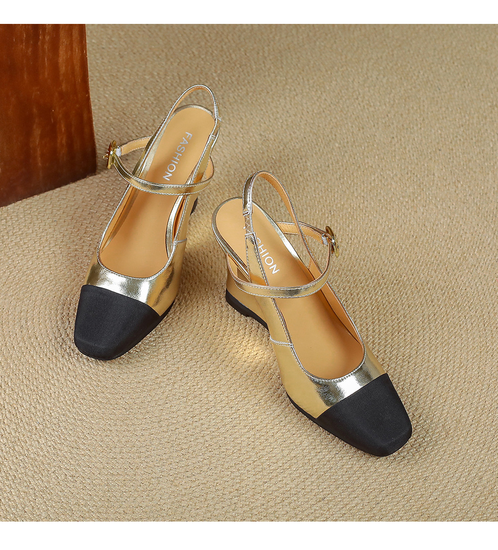 Sandal cao gót nữ mũi vuông quai ngang phong cách Chanel, gót xuồng 2026 — màu vàng, bạc chi tiết 16