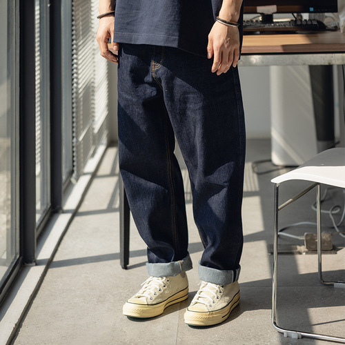 TRS Men's Clothing | Classic Japanese Workwear 14OZ Denim Blue Straight Leg Wide Leg Loose Fit Men's Jeans