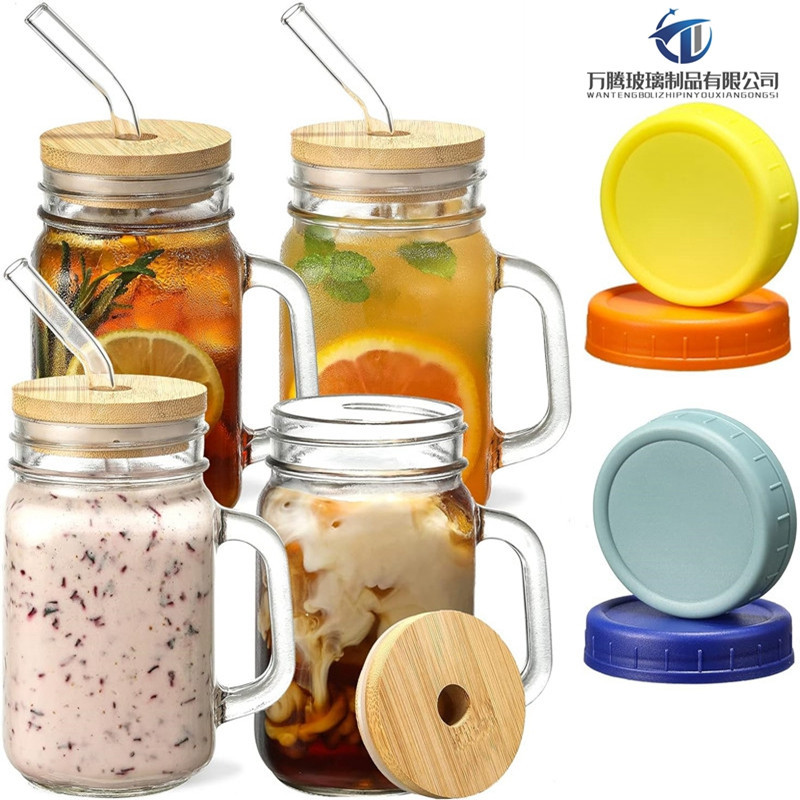 亚马逊光面16oz梅森杯带手柄饮料果酱冰沙500ml光面把子杯梅森罐