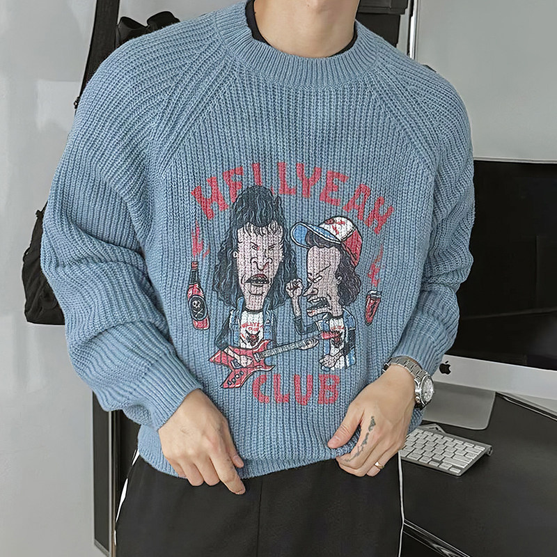 798 Design American Style Heavyweight Knitted Pullover Sweater for Men, Spring and Summer Trendy Rock Print Loose Knitwear