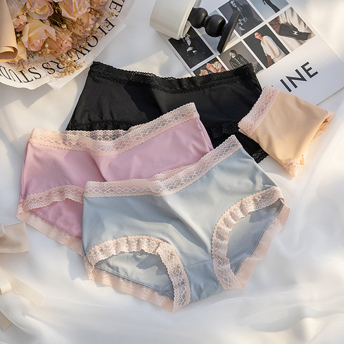 Spring and summer seamless lace-edged ice silk panties for women, breathable seamless low-rise teenage Japanese-style ladies' briefs