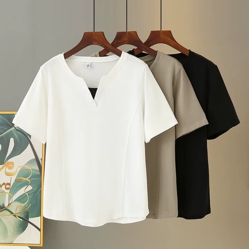 Женская футболка больших размеров, новинка лета 2025, толстая мм 100kg «рыбья кость», красивый талиевый тонкий хлопковый топ с короткими рукавами 8804