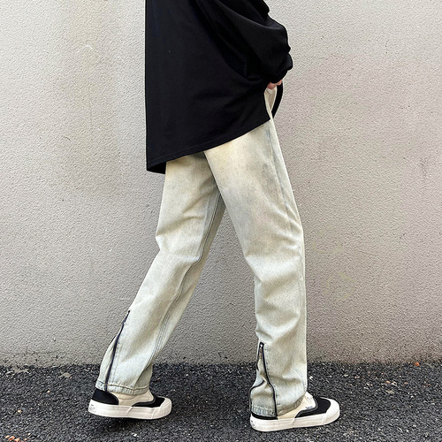 LKTM Men's #American High Street Yellow Clay Washed Distressed Jeans Men's Trend Brand Loose Straight Leg Wide Leg Pants