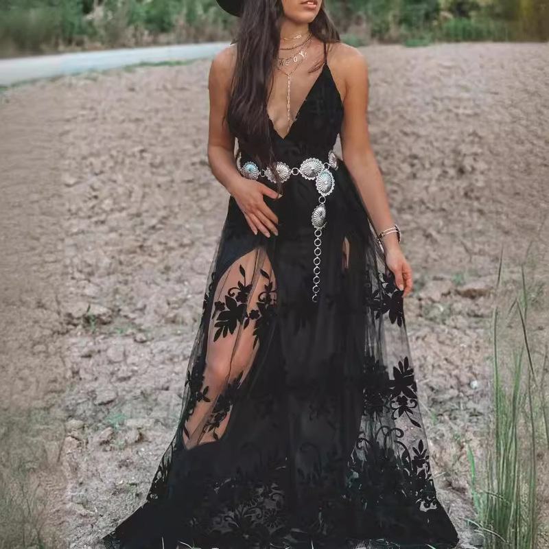 2026 European and American Women's Fashion Amazon Independent Site Sleeveless V-Neck Strap Long Dress Dress with Leg Exposure