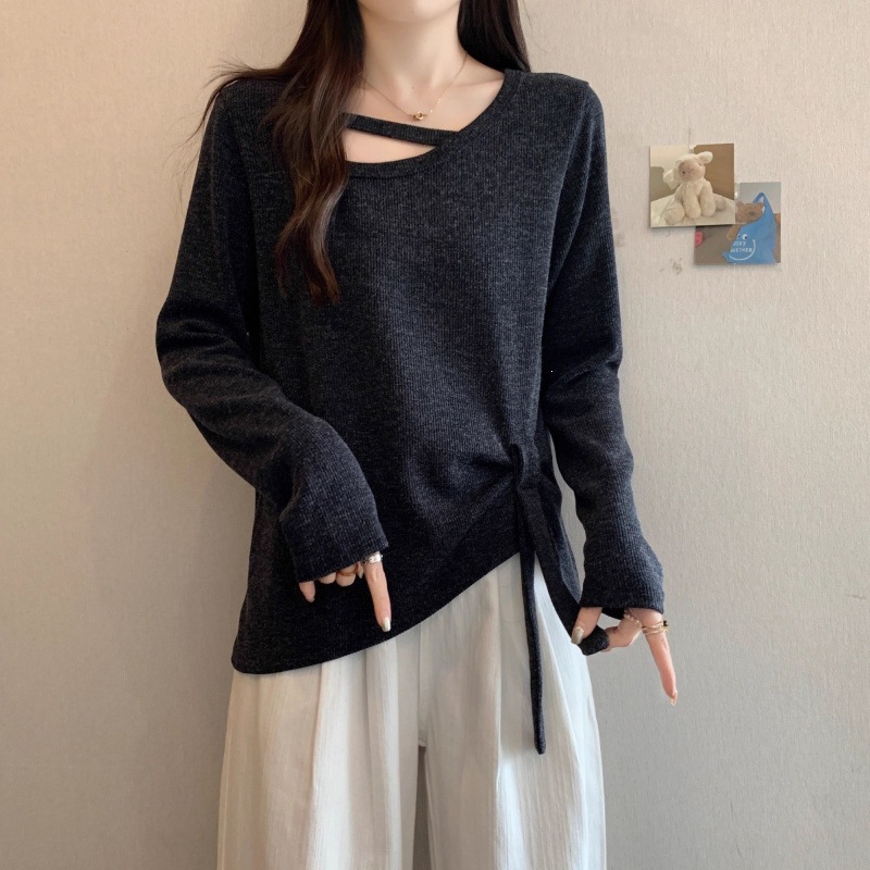 New spring, autumn, and winter plus-size women's irregular design long-sleeve T-shirt with tie detail, suitable as a base layer top