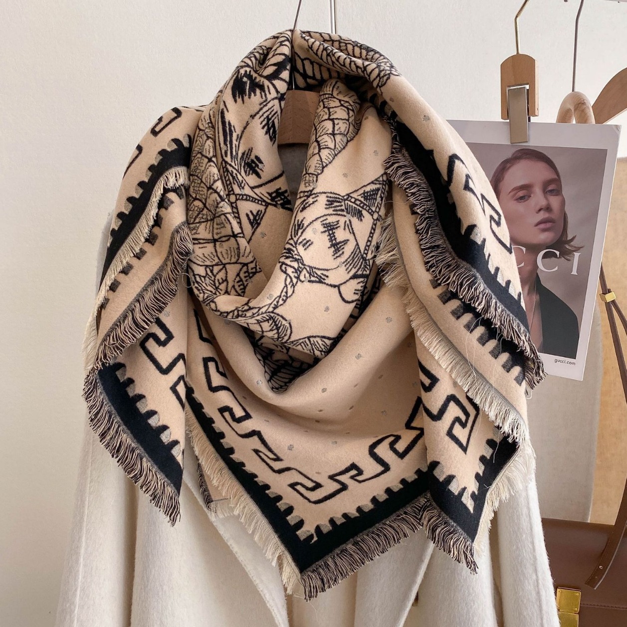 Retro estilo nacional nuevo impresión de moda otoño invierno exterior elegante amplio chal doble cara imitación de cachemira bufandas gruesas para mujeres