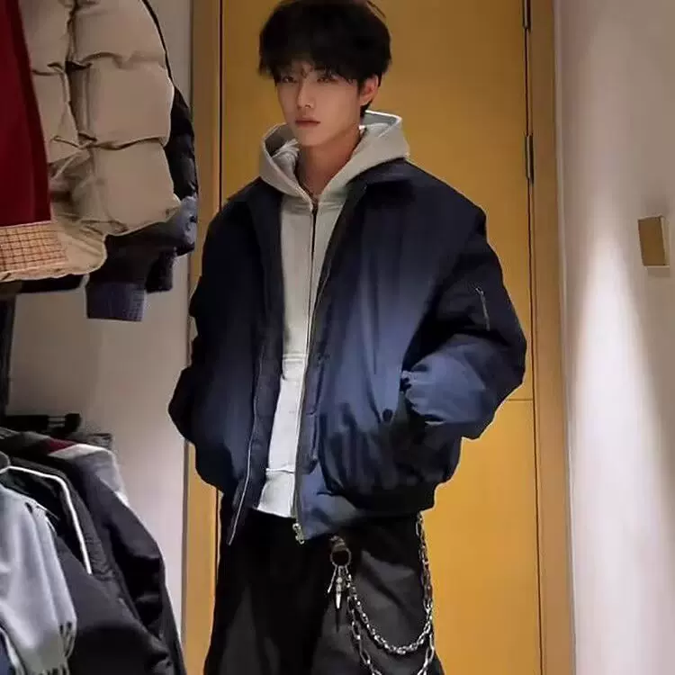 跨境美式短款cleanfit棒球服男春秋翻领潮流痞帅藏青色飞行员夹克