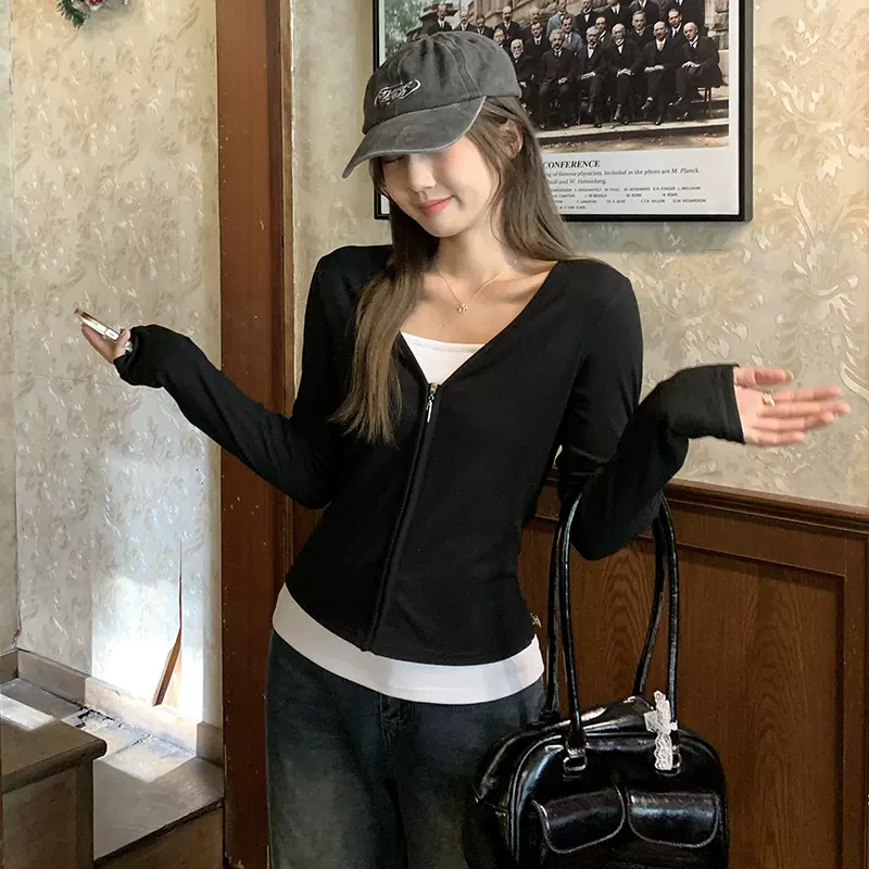 假两件黑白撞色德绒加厚保暖修身打底女秋冬新款长袖内搭拉链上衣