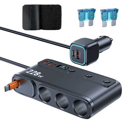 New 228W One-To-Three Car Cigarette Lighter with Retractable Cable, Fast Charging Head, Voltage Display, Car Conversion Adapter (Siqaret yandırıcısı) - black-c35-l-one-to-three-car-cigarette-lighter