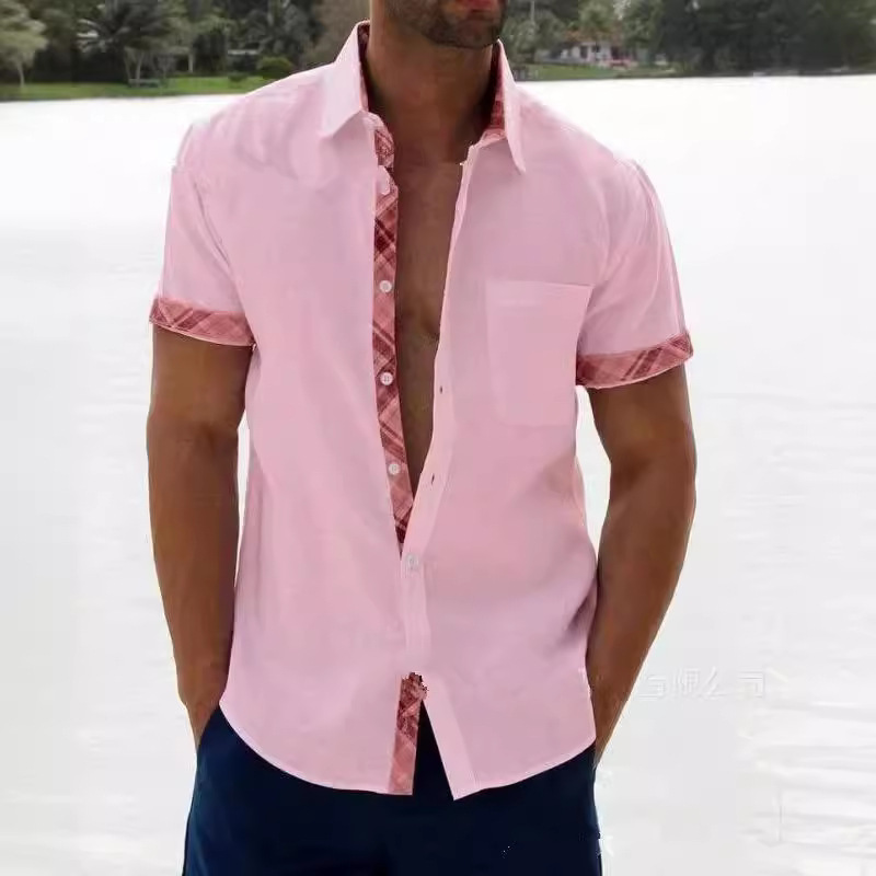 Summer 2023 men's short-sleeved shirt European and American casual men's cardigan men's plaid color matching lapel short-sleeved shirt