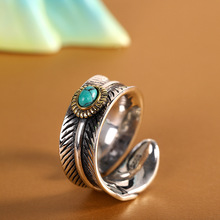 人品银品文艺复古S925银镶松石羽毛戒指个性嘻哈风男女款开口指环