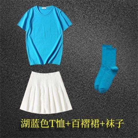 Lake blue T-shirt + pleated skirt comes with lake blue socks