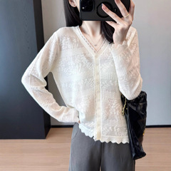 浮雕提花气质优雅名媛风显瘦欧根纱羊毛针织开衫女秋602979