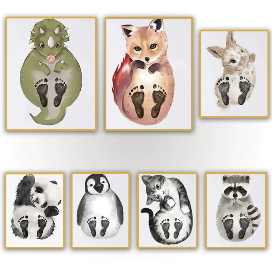 Small Footprint Hanging Scroll Painting One-Year-Old Commemorative Cartoon Animal Canvas Painting Kidsren's Room Commemorative Decorative Painting Cross-Border Hanging Painting