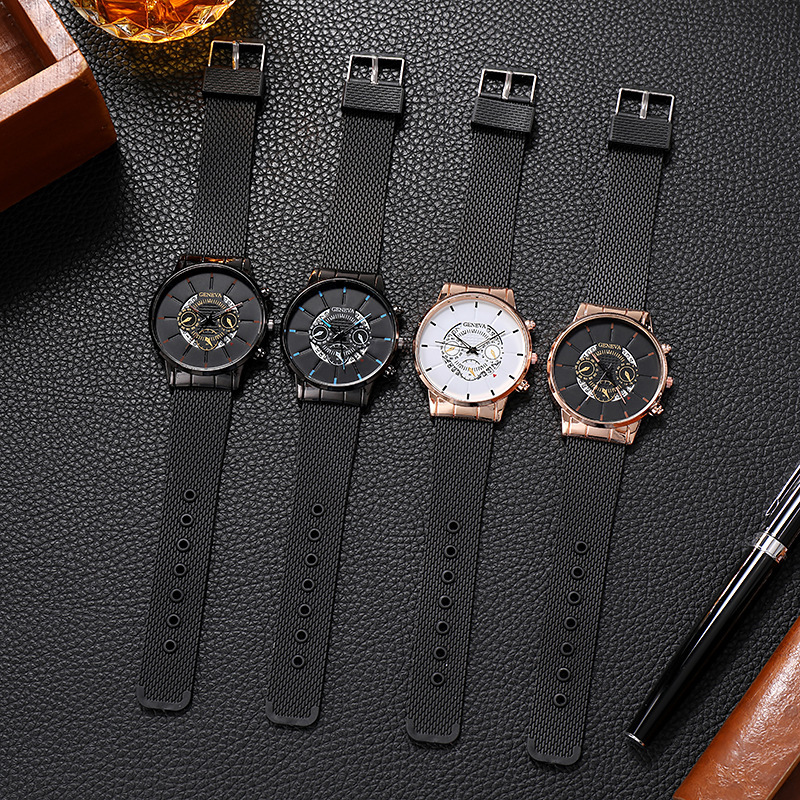 GENEVA Fake New Three Eyes Freizeit Business Kalender Gummi Mesh Herren Quarzuhr_voghion.com