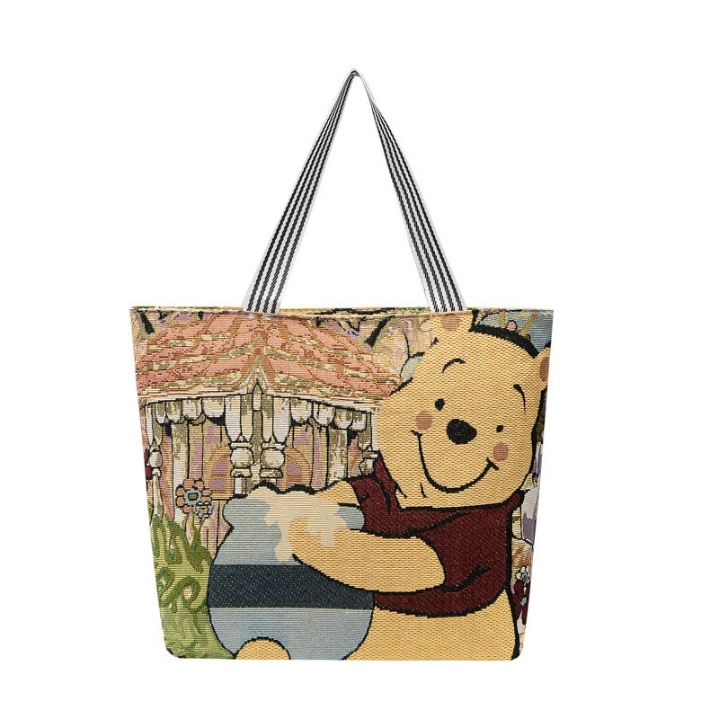 Вышитая льняная Tote-сумка с рисунком кролика, ручная переноска, полосатые ручки, лёгкий вес