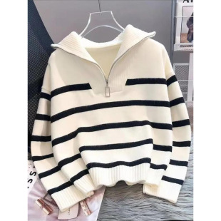 D 19974 Striped zip-up knit base shirt ��朗l�y�̿�ë��