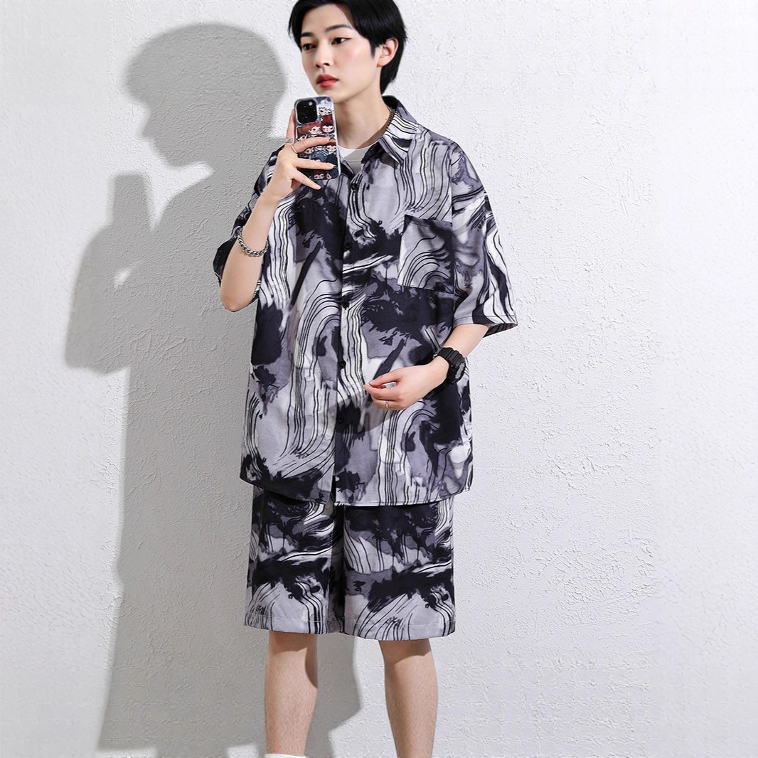 아이스 실크 비치 셔츠 정장 남성 여름 유행 느슨한 대형 남성 반바지 꽃 셔츠 소년 해변 착용