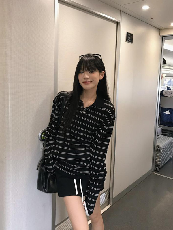 专属条纹撞色polo领长袖上衣女夏季新款韩系气质设计感百搭防晒衫|undefined