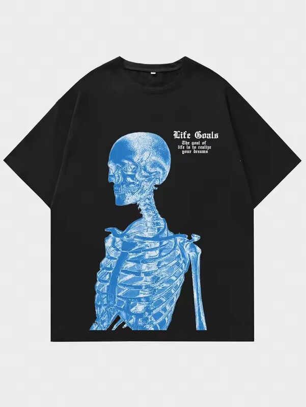 Blue Skull Man Life Goal Letter Print Women's T-Shirt Summer Round Neck Cotton Top Street Fashion T-Shirt