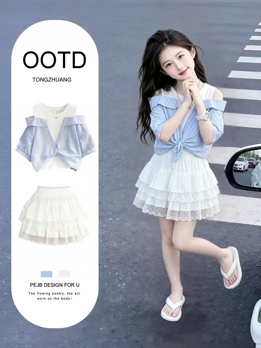 Korean-style dopamine-infused girls' summer short-sleeved fashion outfit set