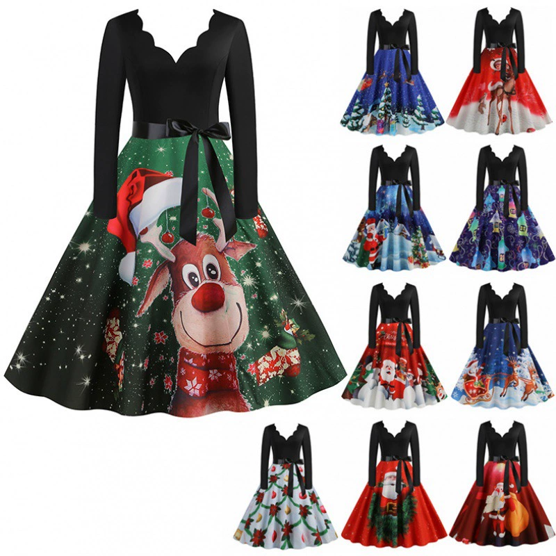 2022 Amazon независимая станция винтажный Рождественский обожженный Облегающий комбинезон Хепберн с V-образным вырезом и длинными рукавами с принтом, большие качели