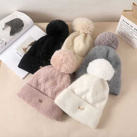 帽子女冬季韩版潮加绒加厚带球保暖针织毛线帽秋冬时尚可爱包头帽