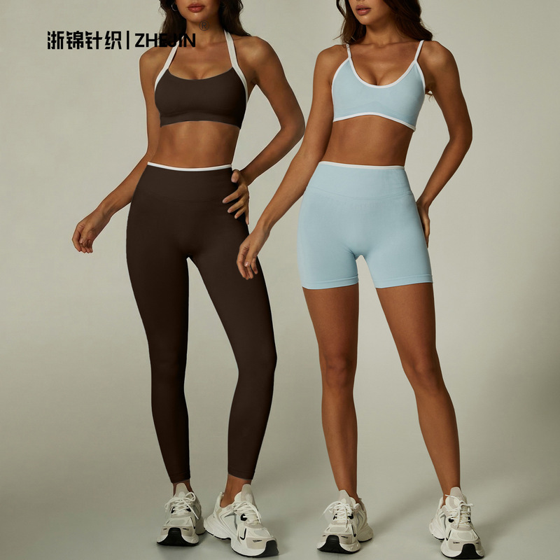 Teveo Cross-Border European and American Seamless Contrasting Color Women's Yoga Wear Backless Tight-Fitting Yoga Set Sports Fitness Yoga Wear Teveo Cross-Border European and American Seamless Contrasting Color Women's Yoga Wear Backless Tight-Fitting Yoga Set Sports Fitness Yoga Wear