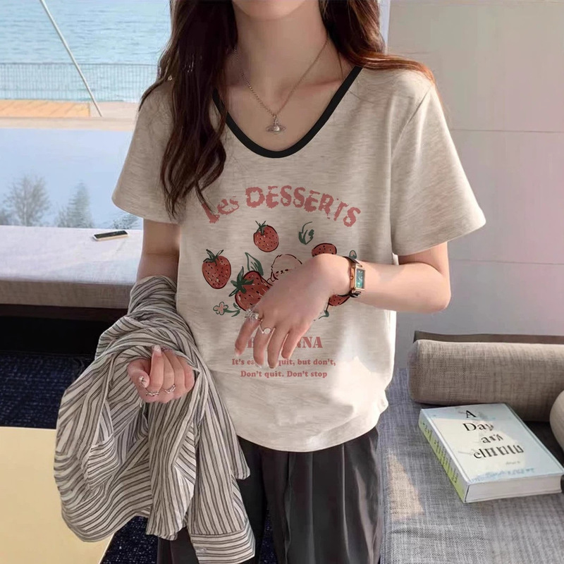 Cotton V-Neck Short-Sleeve T-Shirt for Women, 2026 New Popular Summer Style, Plus-Size, Flattering for Slightly Plump Figures, Tummy-Concealing Top
