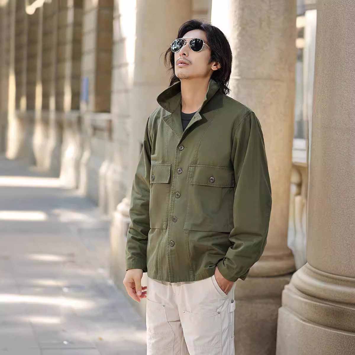 OKONKWO espiga patrón HBT camisa funcional campo chaqueta abrigo M43 cuello cubano manga larga camisa abrigo