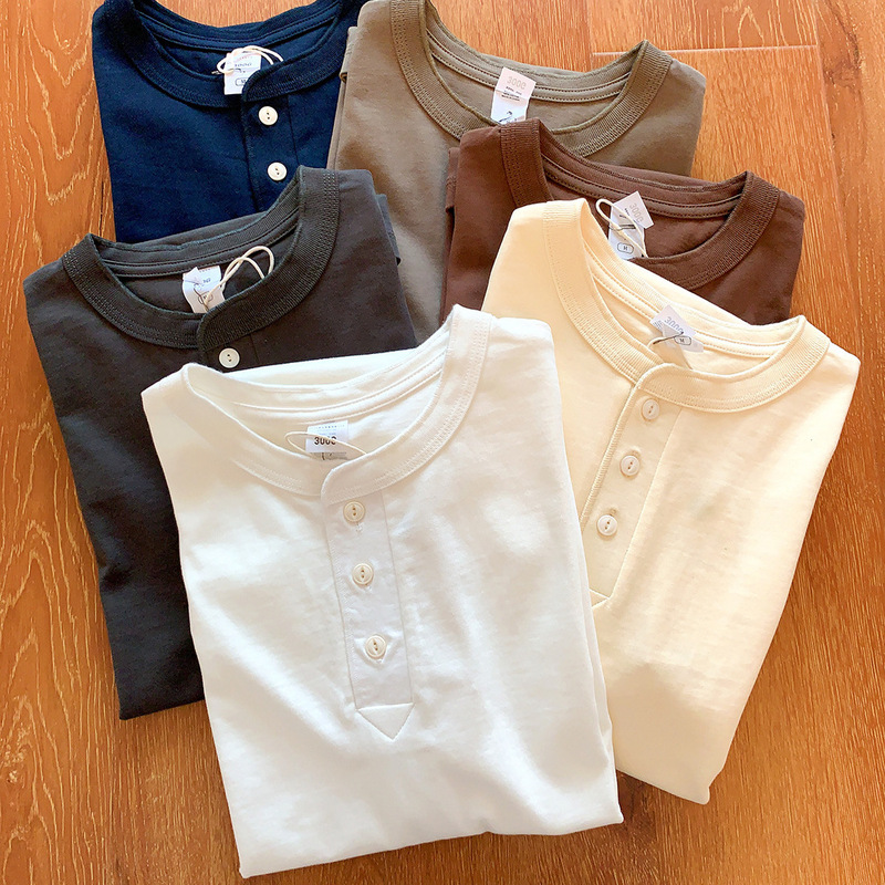 The final recommend! Heavy 300G! Cotton American-style Khaki Retro Henry Collar Solid Color Loose Short-sleeved T-shirt for Men