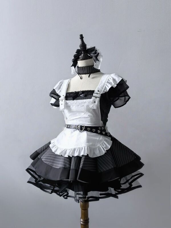 レトロな黒と白のストライプロリータメイド服サブカルチャー日本のかわいいエプロンスーツコスプレドレス|undefined