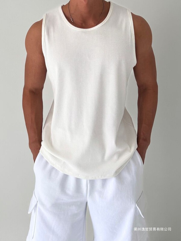 White Prima sleeveless casual elastic round-neck American-style ribbed summer loose vest for men in stock White Prima sleeveless casual elastic round-neck American-style ribbed summer loose vest for men in stock