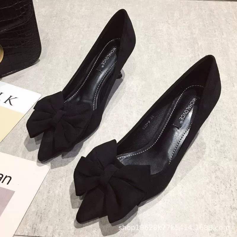 2024 новые одиночные туфли для женщин на каблуках с острыми наконечками профессиональный черный рабочий кот с бантом