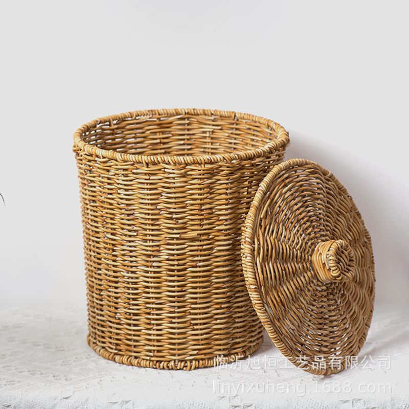 imitación de caña tejida a mano cubo de almacenamiento de escritorio retro canasta de almacenamiento de sala de estar de oficina canasta de almacenamiento con cubierta de almacenamiento