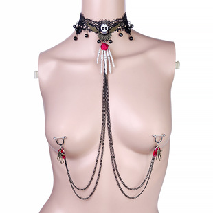 Amazon Halloween Skull Retro Ghost Claw Body Chain Piercing Ring Tassel Necklace Chest Chain Breast Ring Breast Clip