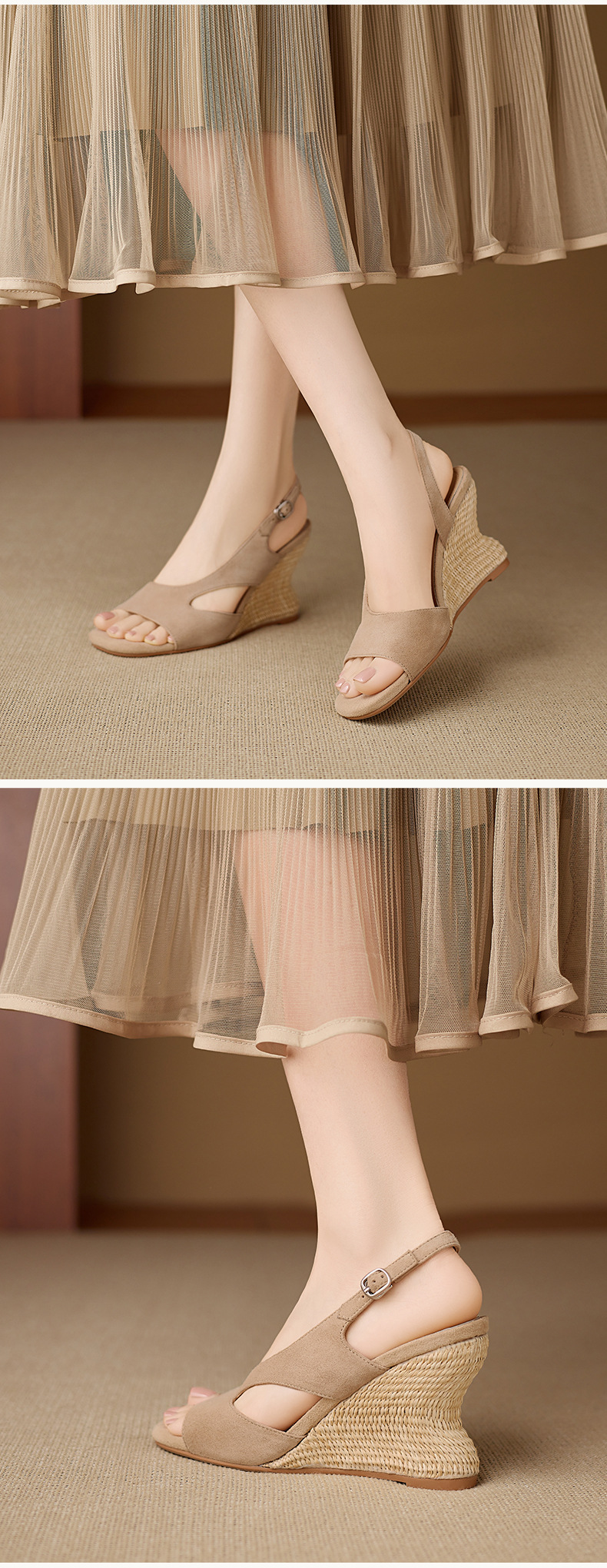 Sandal cao gót nữ mũi nhọn hở ngón, gót nêm đan rơm 8 cm, quai hậu buộc dây — xanh lam, màu mơ chi tiết 5