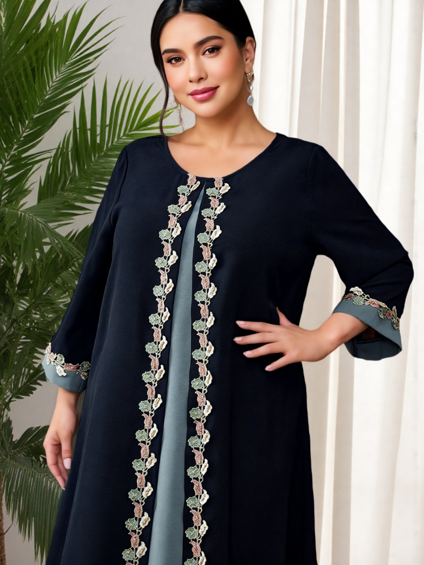 Exclusive Cross-border Supply Of Middle Eastern Robes, Muslim Fashion Navy Blue Embroidered Patchwork Abaya Plus-size_ecoleips.com