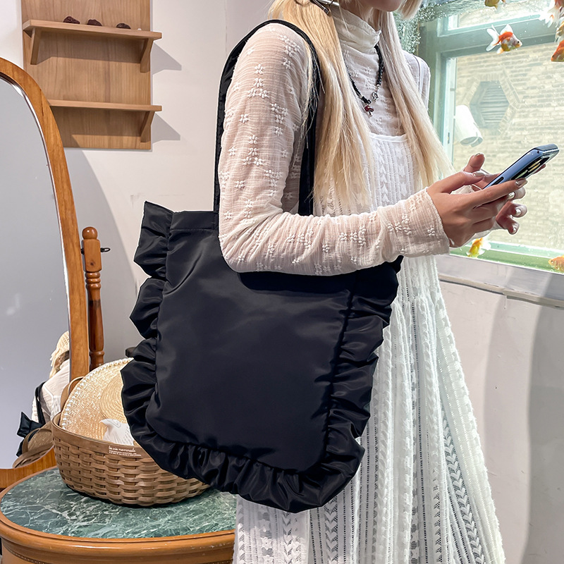 일본 스타일 귀여운 꽃 레이스 러플 백 하라주쿠 스타일 예술적 천 가방 학생 Schoolbag 어깨 가방 여성 가방 큰 가방