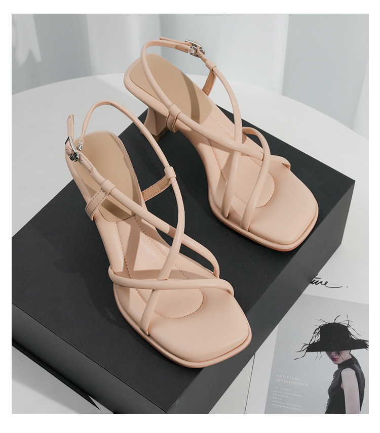 Elegant Square-toed Cross-strap Sandals Women's High Heels_voghion.com