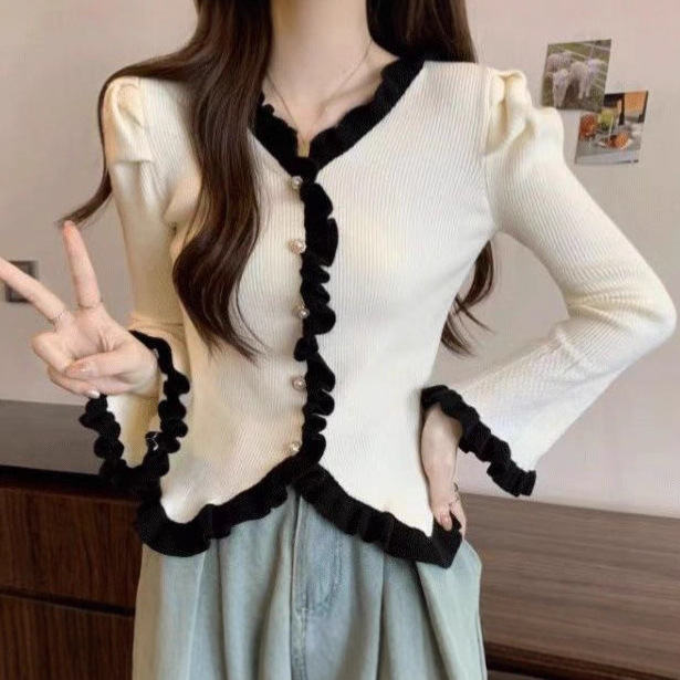 Foreign Trade German Velvet Ruffled Edge German Velvet Warm Three-Quarter Sleeve Base Women's T-Shirt Autumn and Winter Slim Fashion Warm Top Women's Trendy