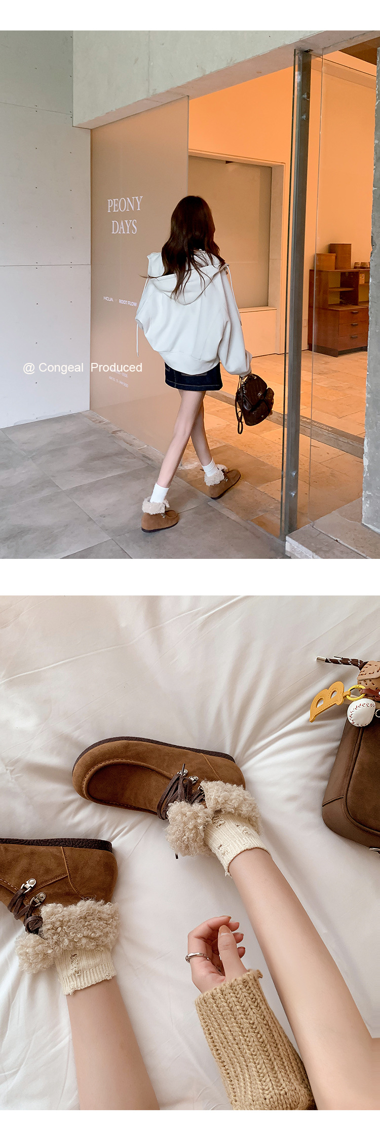 Boot tuyết nữ cổ cao lót lông giữ nhiệt, mũi tròn, dây buộc, tăng chiều cao bên trong — Vàng kem lót đơn, Đen lót nhung, Vàng kem lót nhung, Nâu lót nhung chi tiết 9