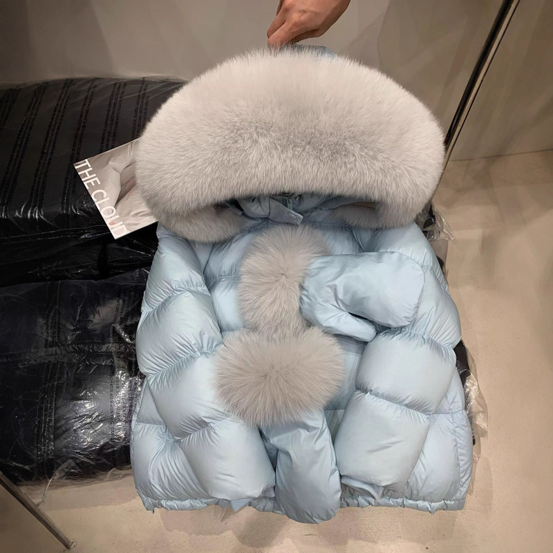 Pinghu Women's Mid-Length down Jacket, 90% White Duck Down, Large Fur Collar, Waist-Cinching, Slimming, New Style, Petite Women's Puffer Jacket