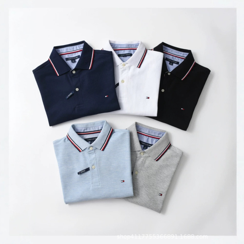 Tommy Short-Sleeved Polo Shirt Men's Solid Color Lapel T-Shirt Half-Sleeved Pique Cotton