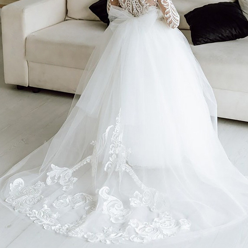 Girls Long Sleeved Lace Train Dress Wedding Performance Birthday Princess Puffy Gown 3-7 Years【Pre-sale | Ships In 15 Days】_voghion.com