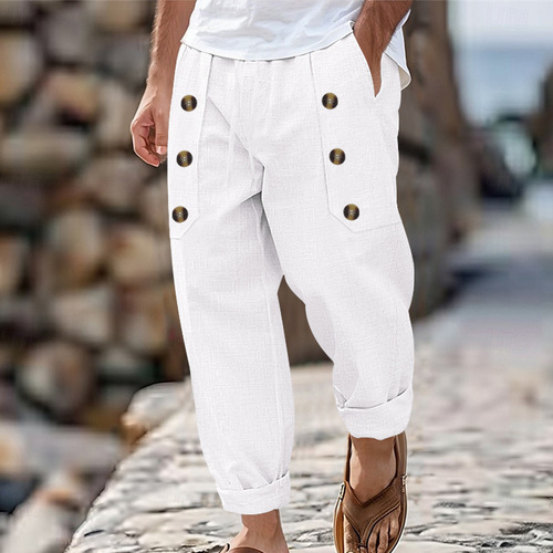Best-selling cross-border independent station American casual Hawaiian beach men's casual multi-button cotton linen loose pants for men