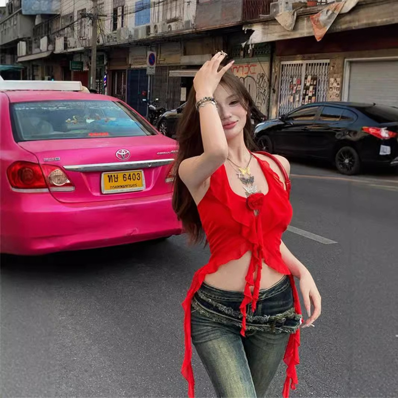 American Style Retro Spice Girl Leopard Print Small Camisole Vest Women's Summer New Design Sense Ribbon Slim-fit Short Top Clothes