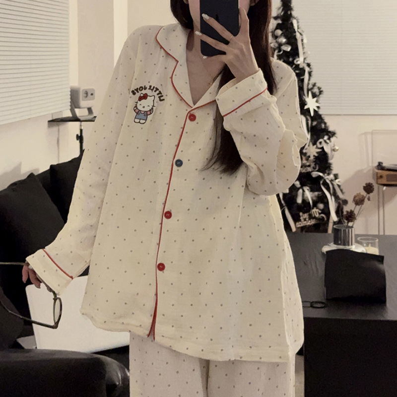 可爱KT猫纯棉纱布睡衣女秋季开衫长袖高级感条纹学生家居服套装|undefined